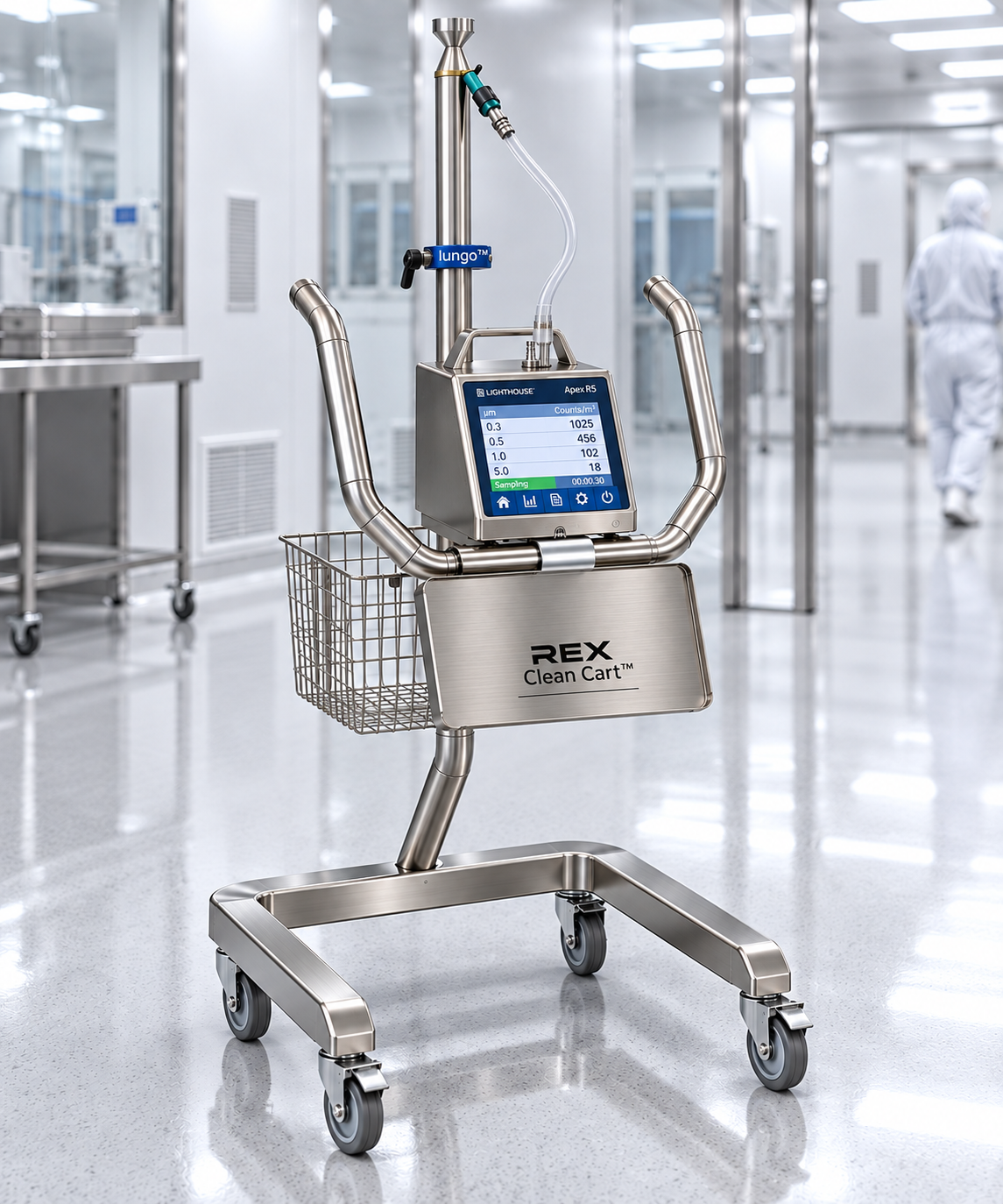 REX Clean Cart stainless steel platform with particle counter in a cleanroom