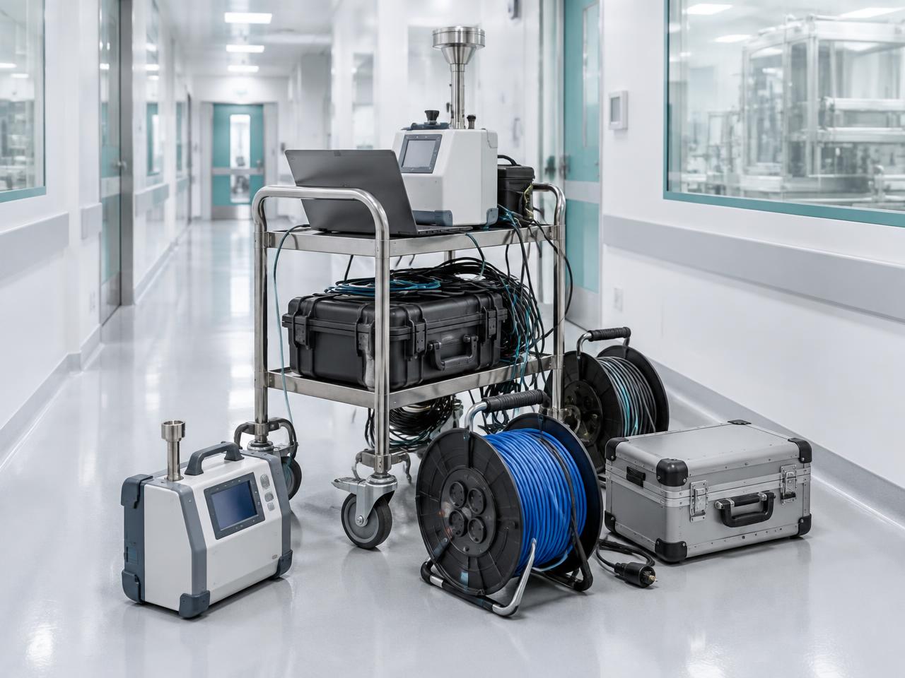 Portable cleanroom instruments piled on an ordinary trolley with loose cases and cable reels