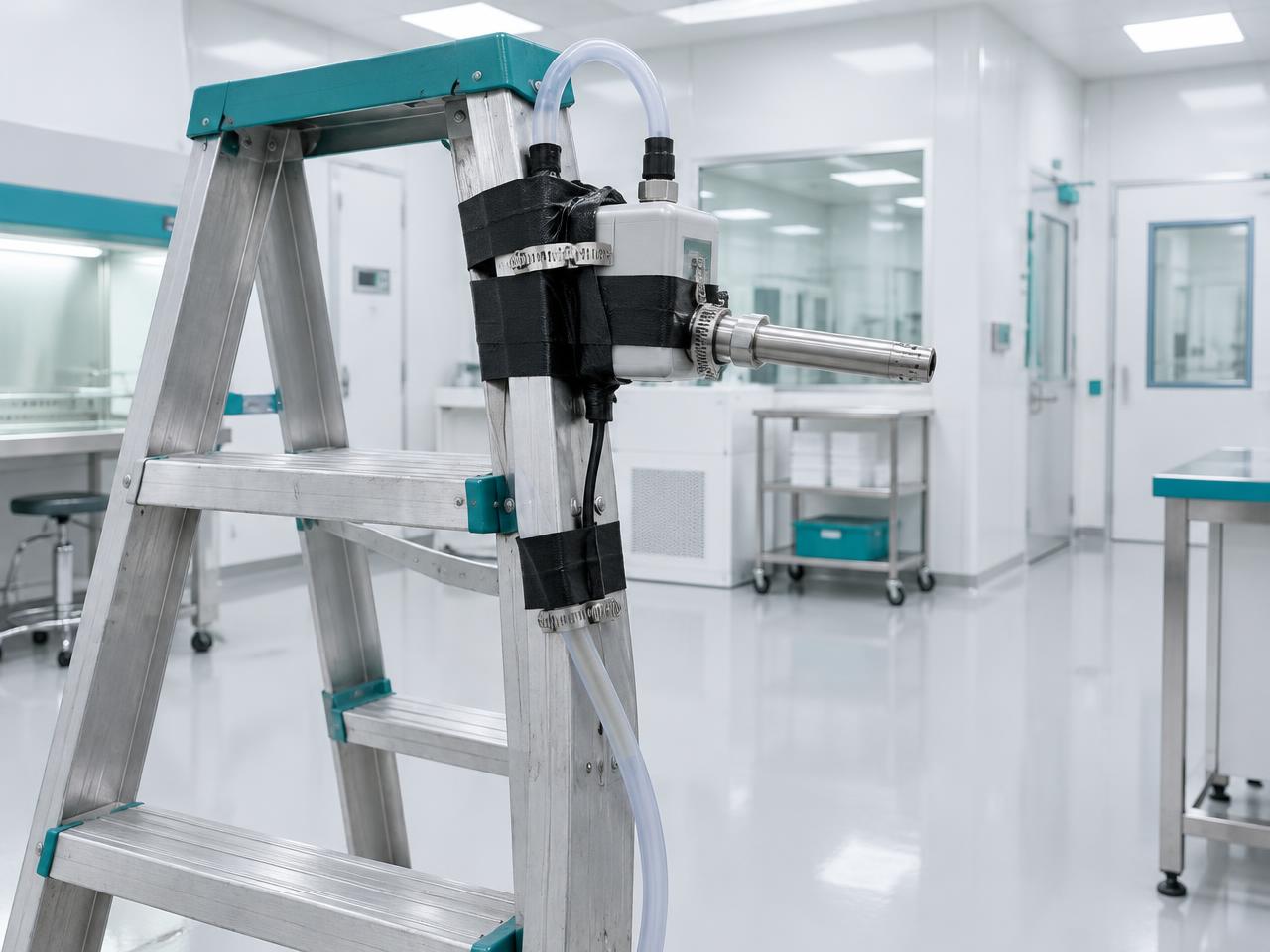 A sampling probe taped to a step ladder with gaffer tape and hose clamps