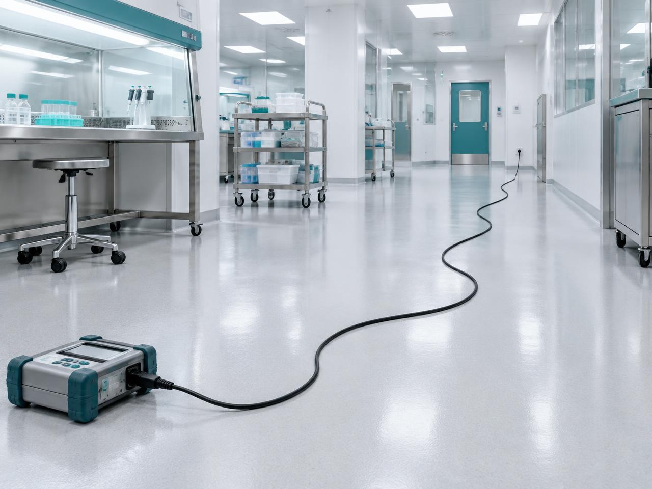 A long power cable stretched across a cleanroom floor to a distant wall socket