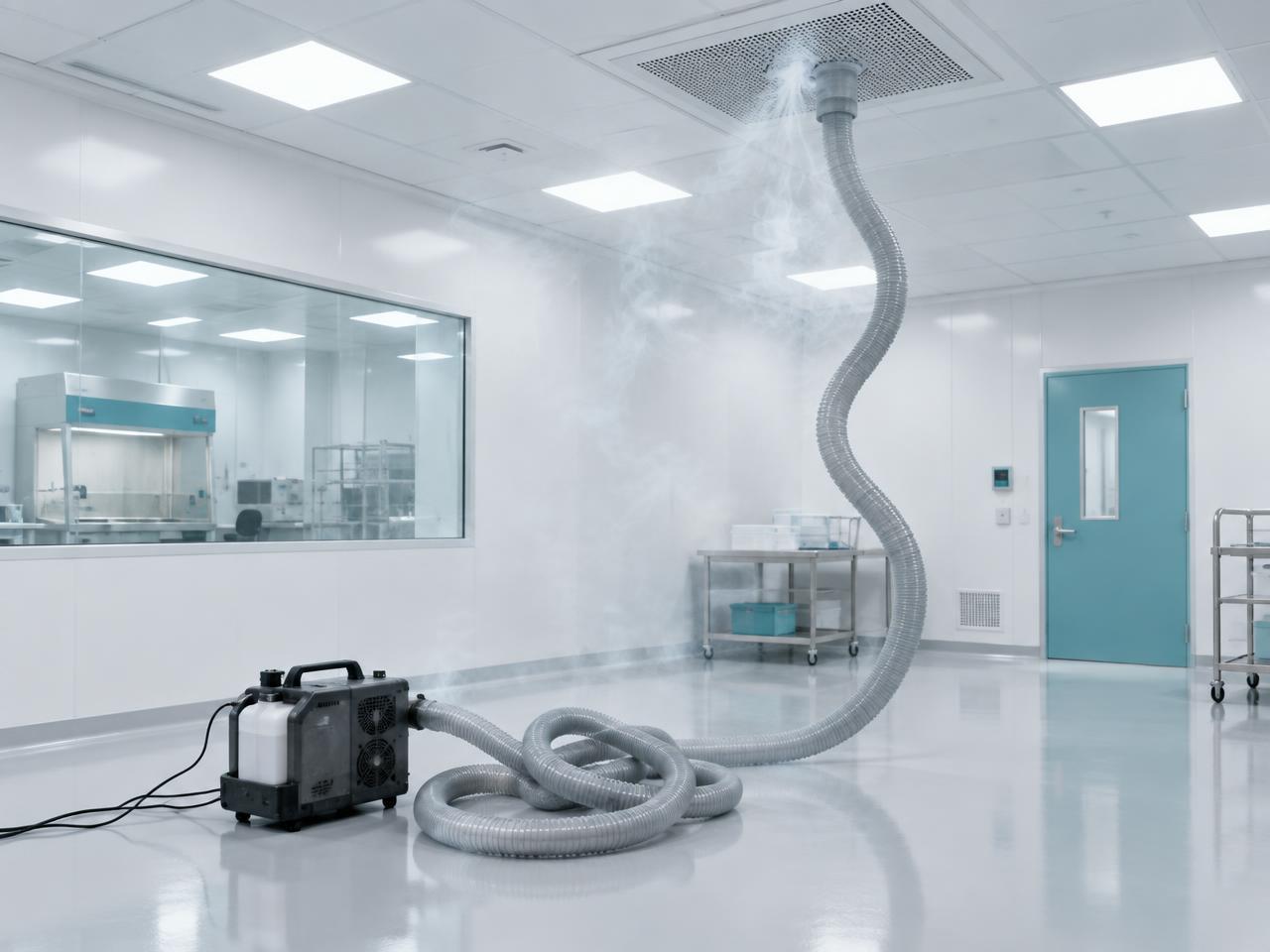 A smoke study setup with a tangled portable smoke generator and a long loose hose